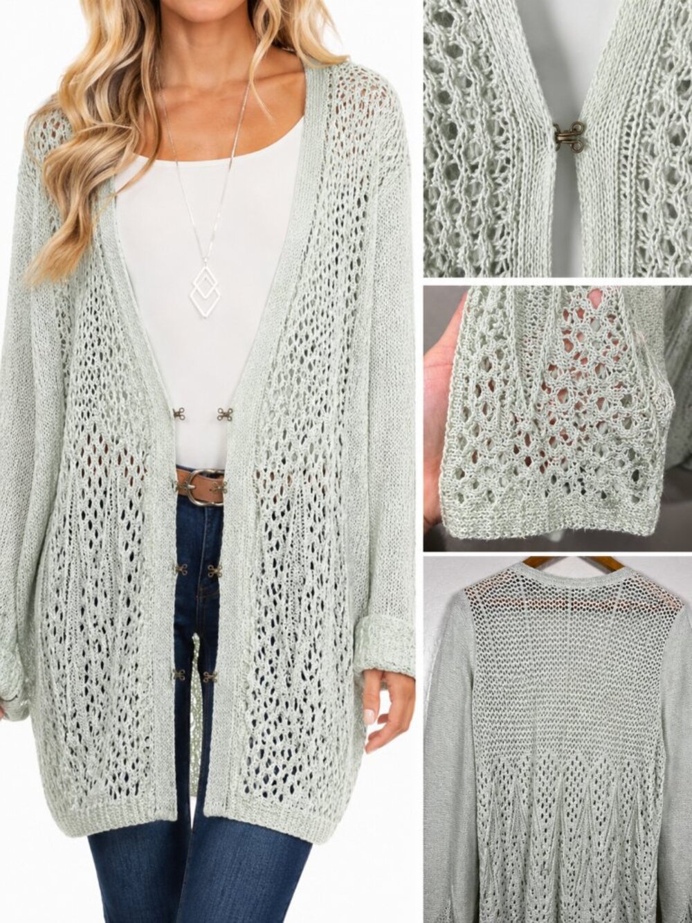 Knitted & Knotted Open Knit Linen Blend Long Cardigan Ivory Size M Boho Layer
